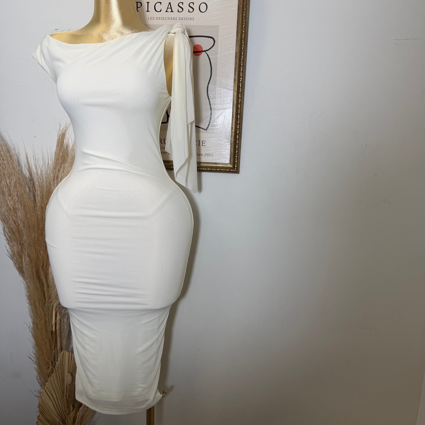 One shoulder Tie Midi Dress-Cream