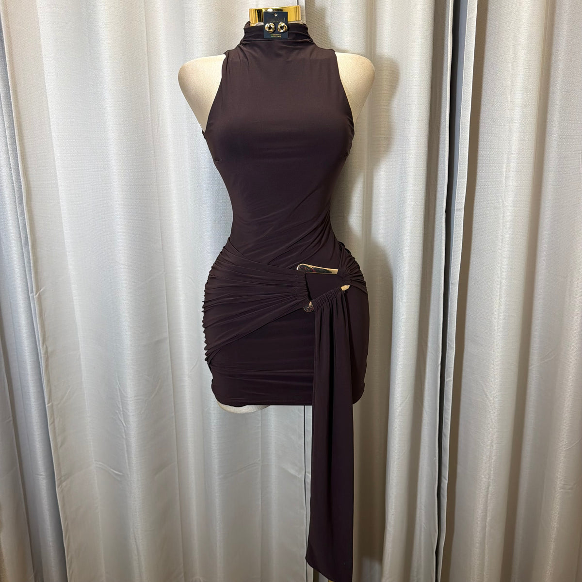 Mock Neck Front Sash With Trim Detail Mini Dress-Brown