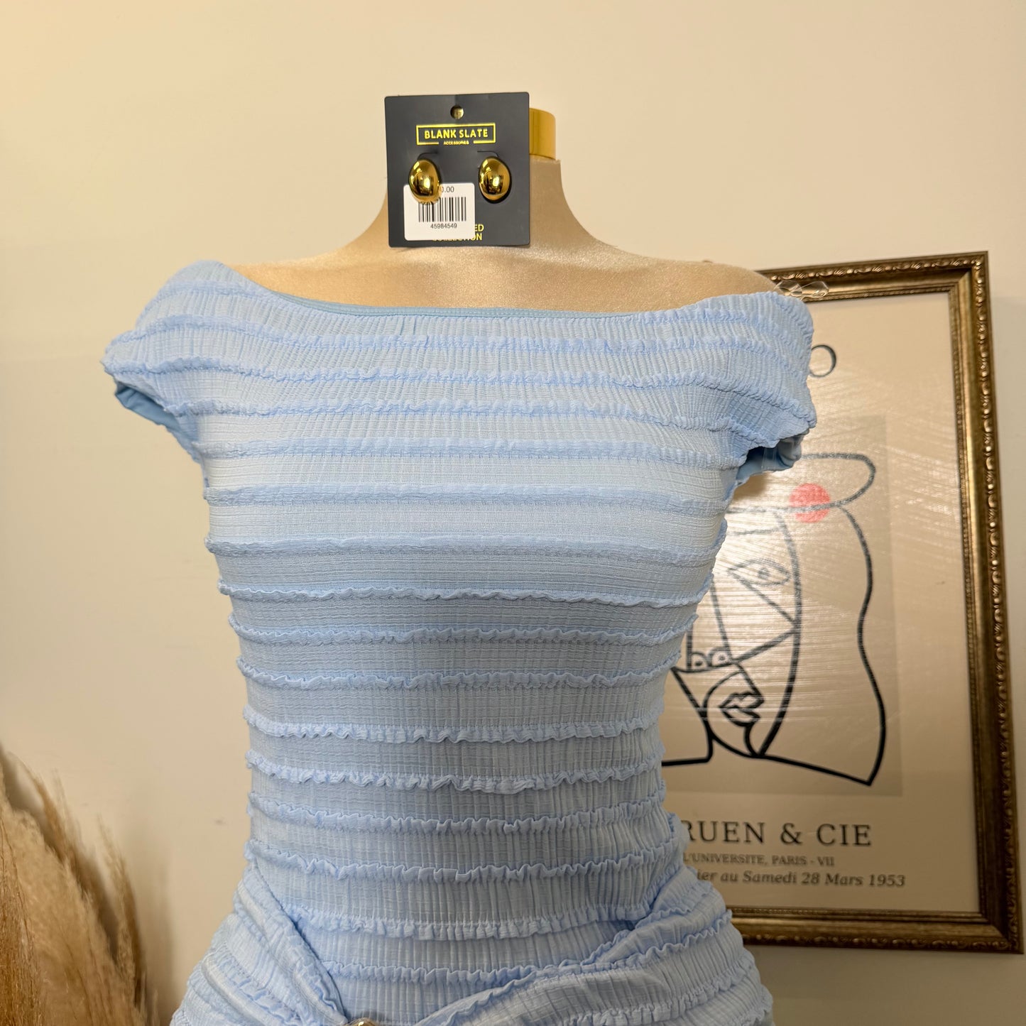 Textured Solid Off shoulder Maxi dress-Blue