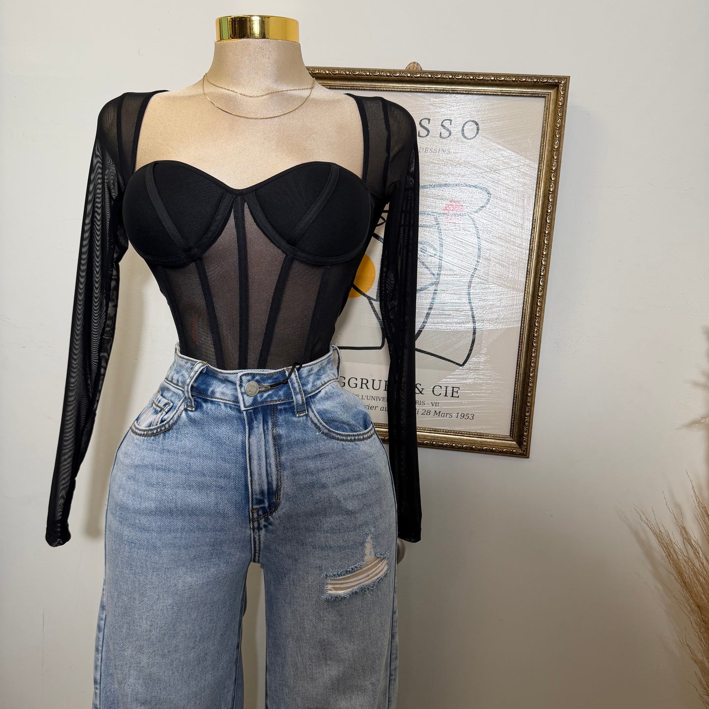 Long Sleeve Mesh Corset Top with Sewn bra Cups-Black