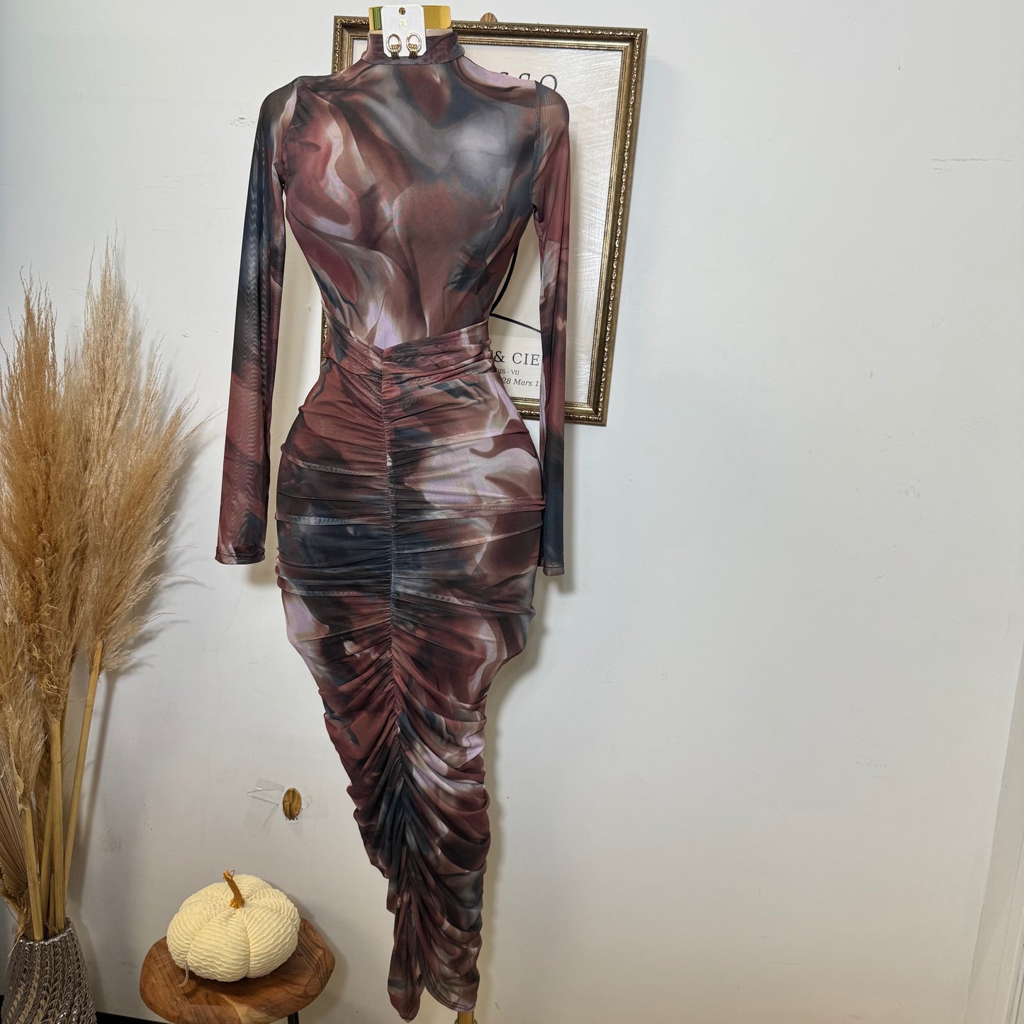 Multi Colored Mock Neck Long Sleeve Maxi Dress-Brown