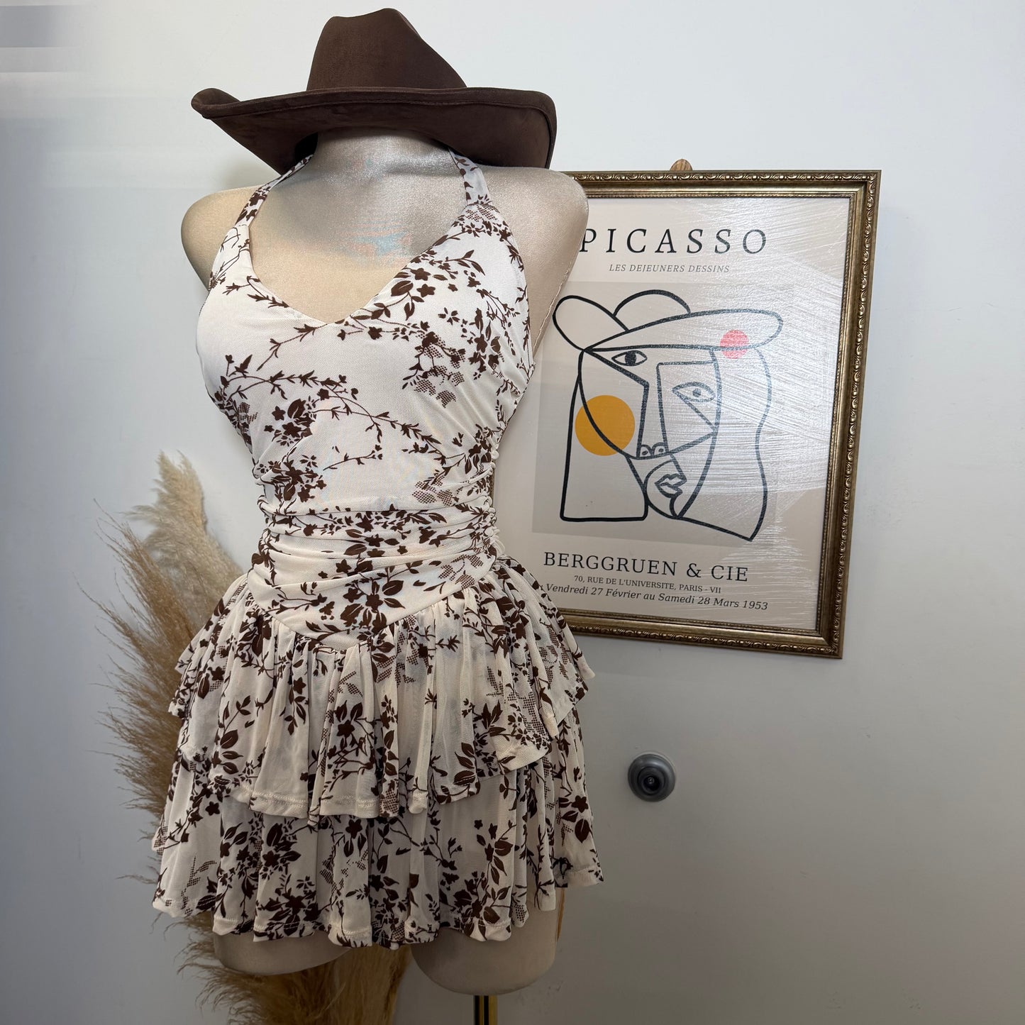 Floral Halter Double Layer Ruffle Mini Dress-Cream
