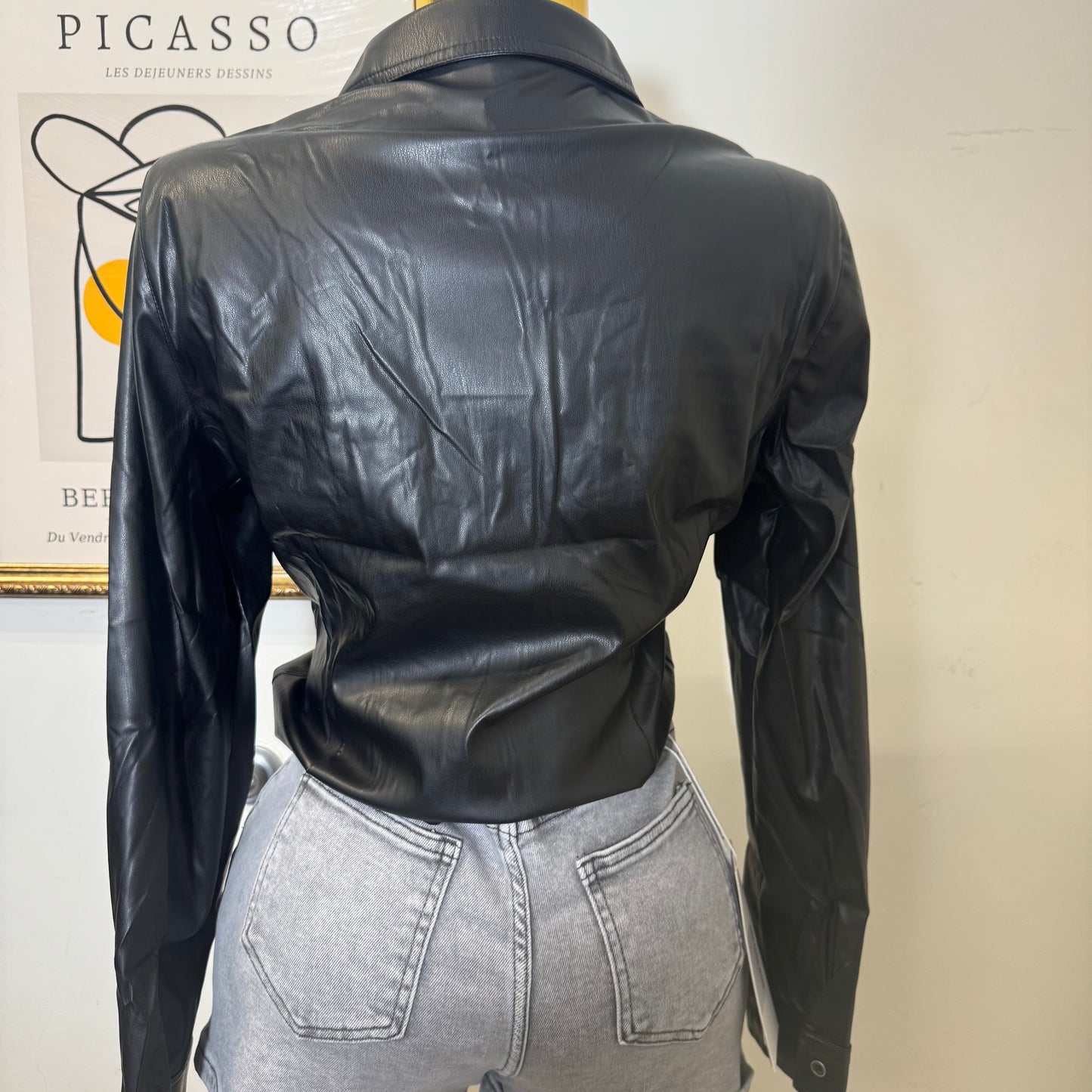 PU Faux Leather Shirt with button closure-Black