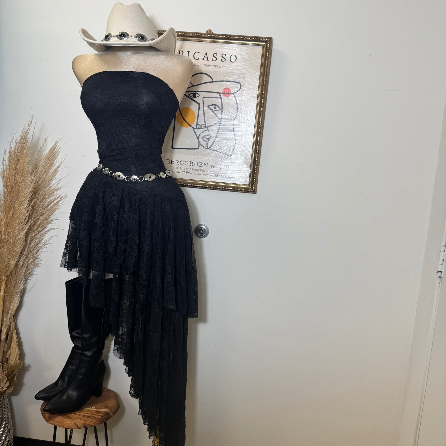 Lace Double Layer Ruffle Asymmetrical Maxi Dress-Black