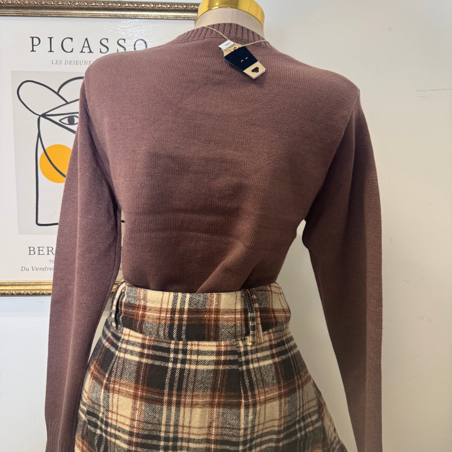 Ribbon Crew Neck Sweater Top-Chocolate