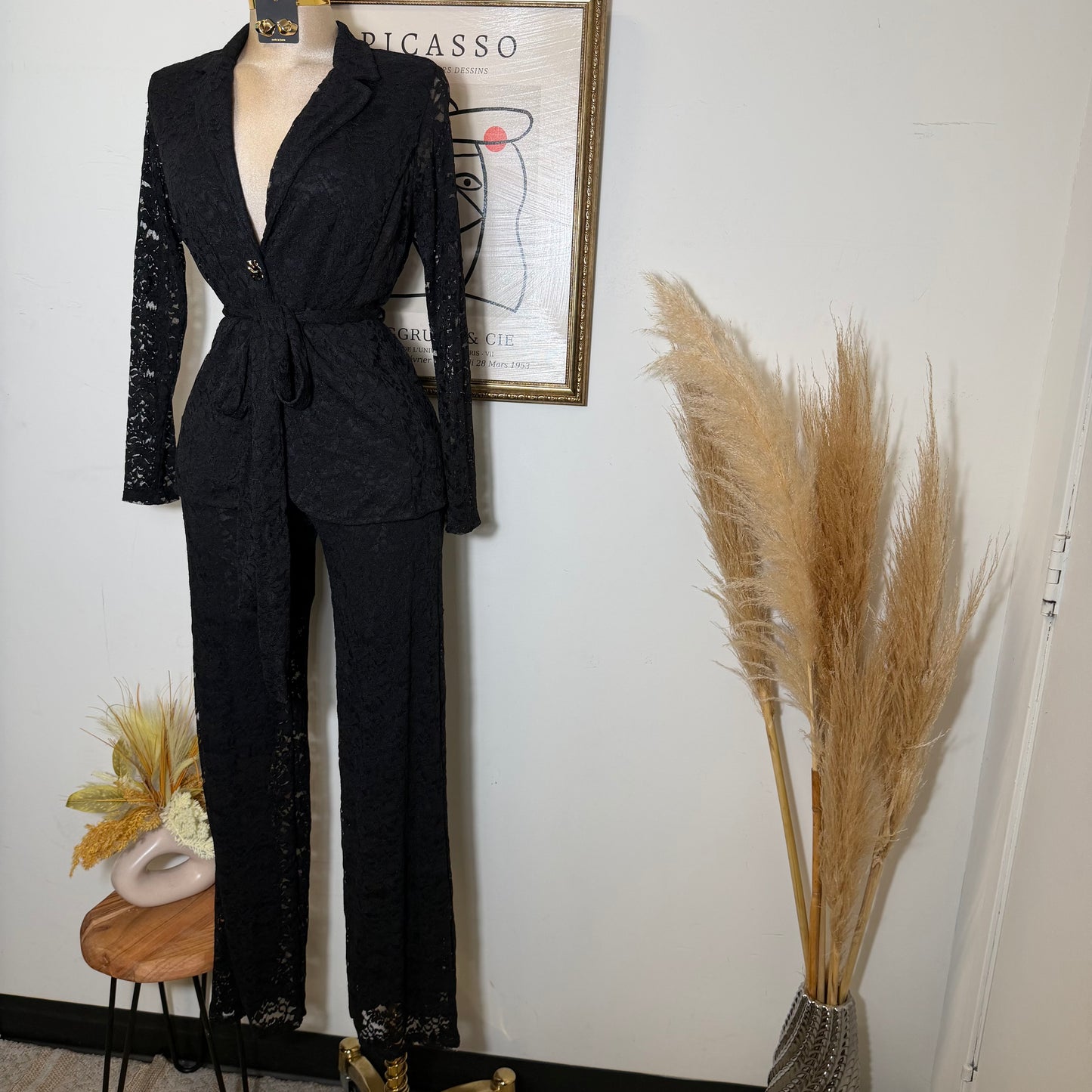 Lace blazer Pant Set -Black