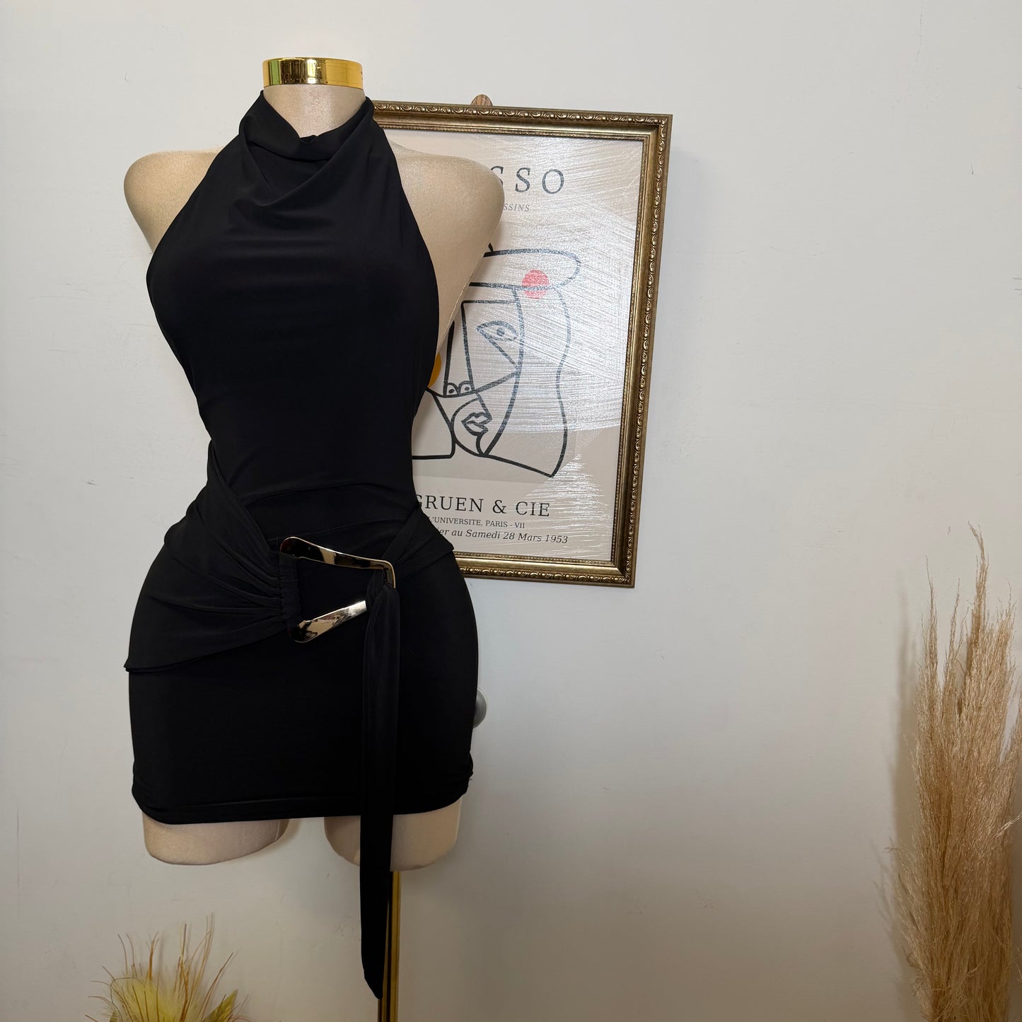 Halter Drape Trim Detail Mini Dress-Black