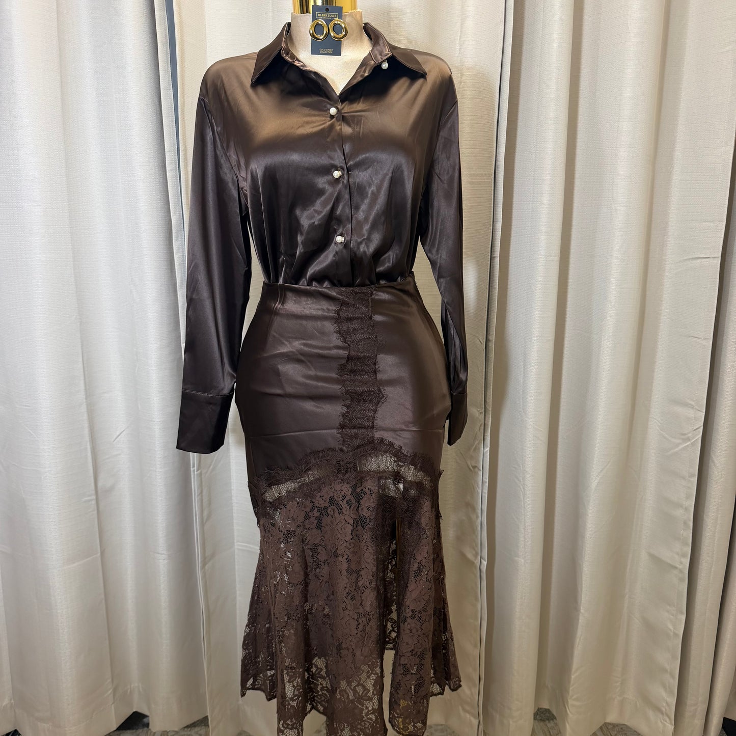 Satin Long Sleeve Top with Lace Skirt-Brown