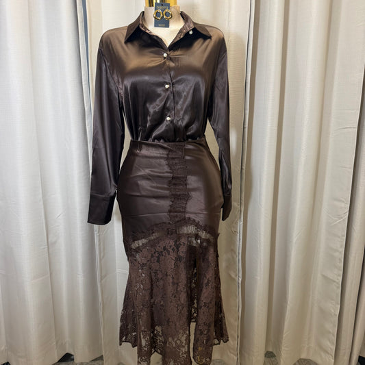 Satin Long Sleeve Top with Lace Skirt-Brown