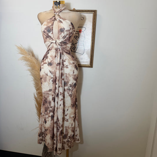 HalterNeck Print Midi Dress-Brown Floral