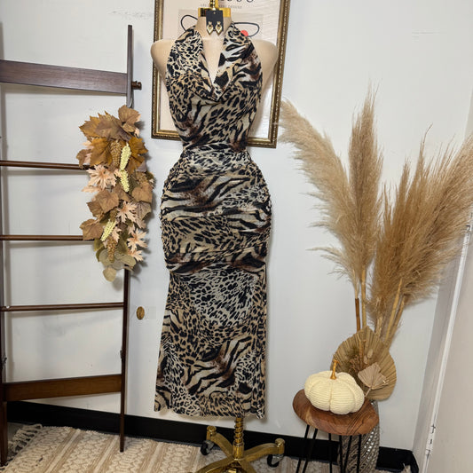 Deep Plunge Halter Cowl Neck Tiger Print a-Line Midi Dress-Brown/Black