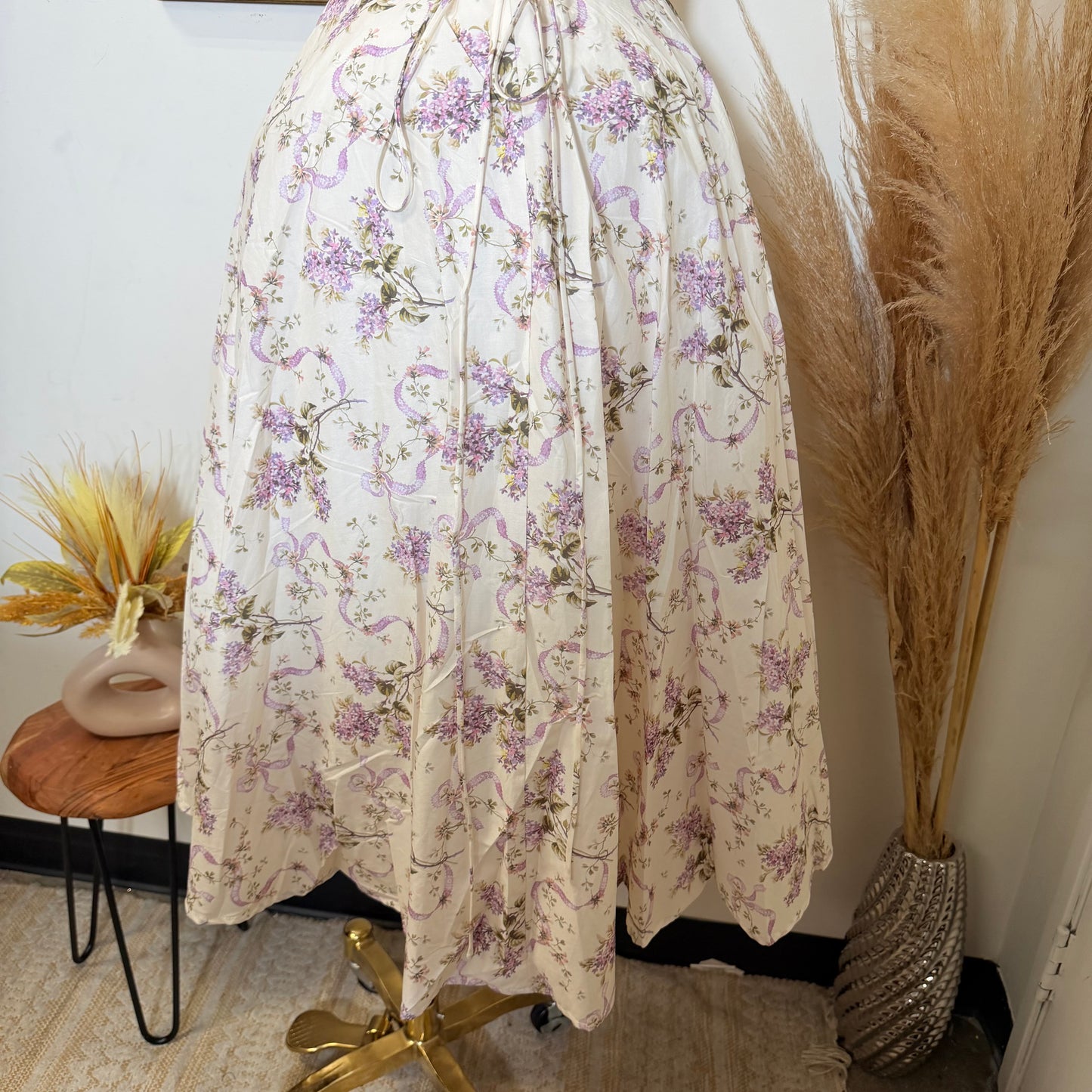 Ribbon Print Fabric Halter Corset Midi Dress-Lavender