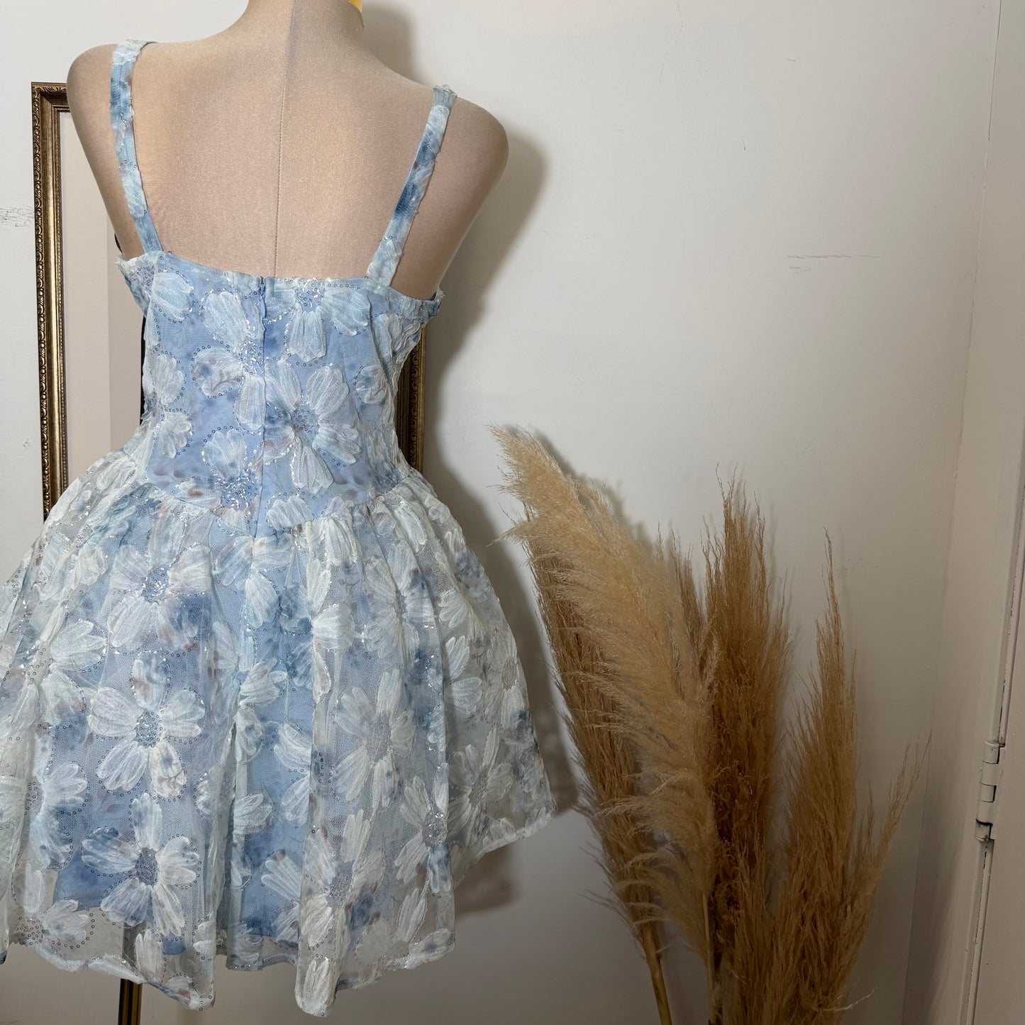 Flower Textured A line Mini Dress-Blue