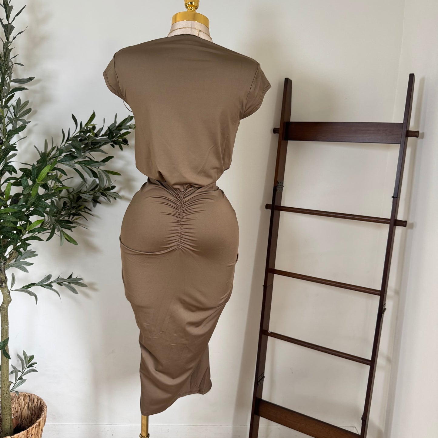 Ruched Elegance Draped Midi Dress-Mocha