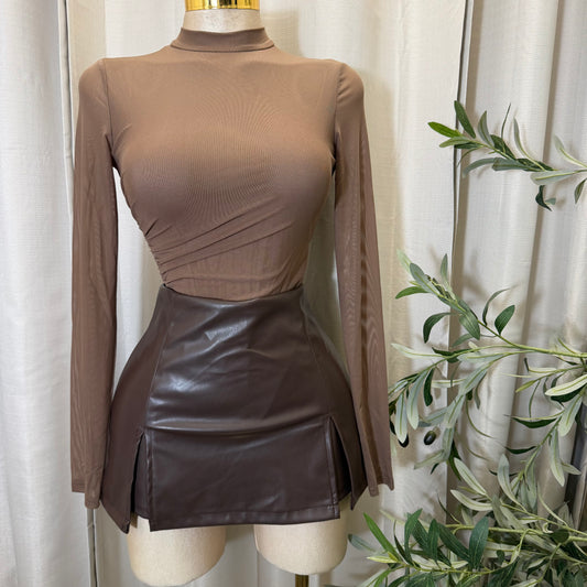 Faux leather Skirt short underneath-Brown