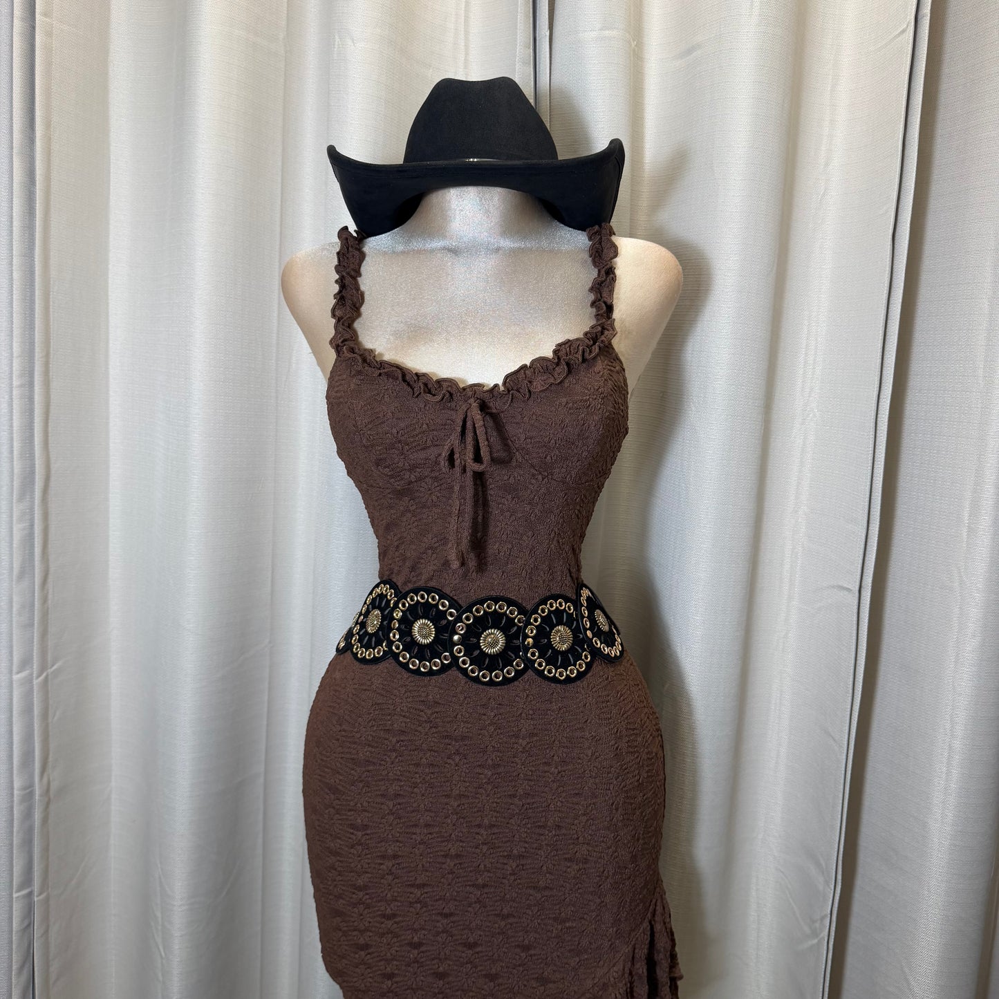 Daisy Asymmetric Skirt Midi Dress-Brown