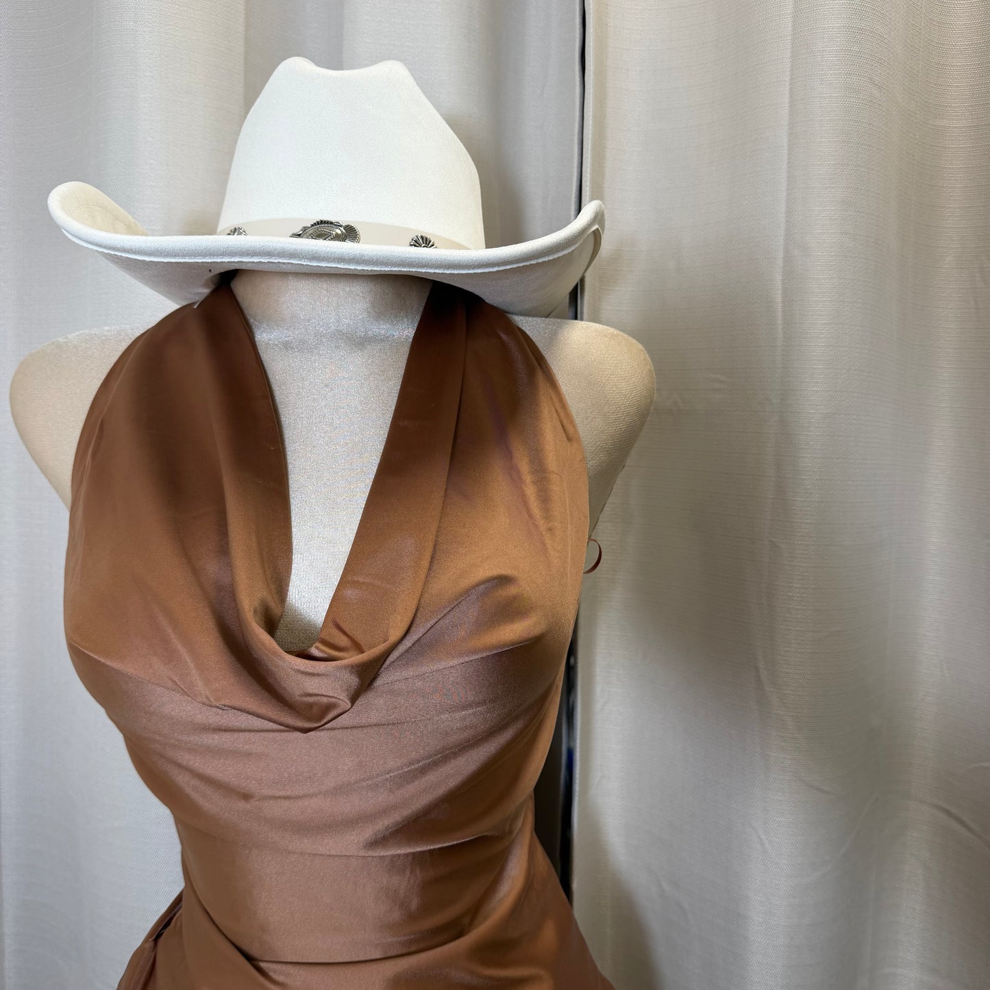 Satin Halter Dress-Brown