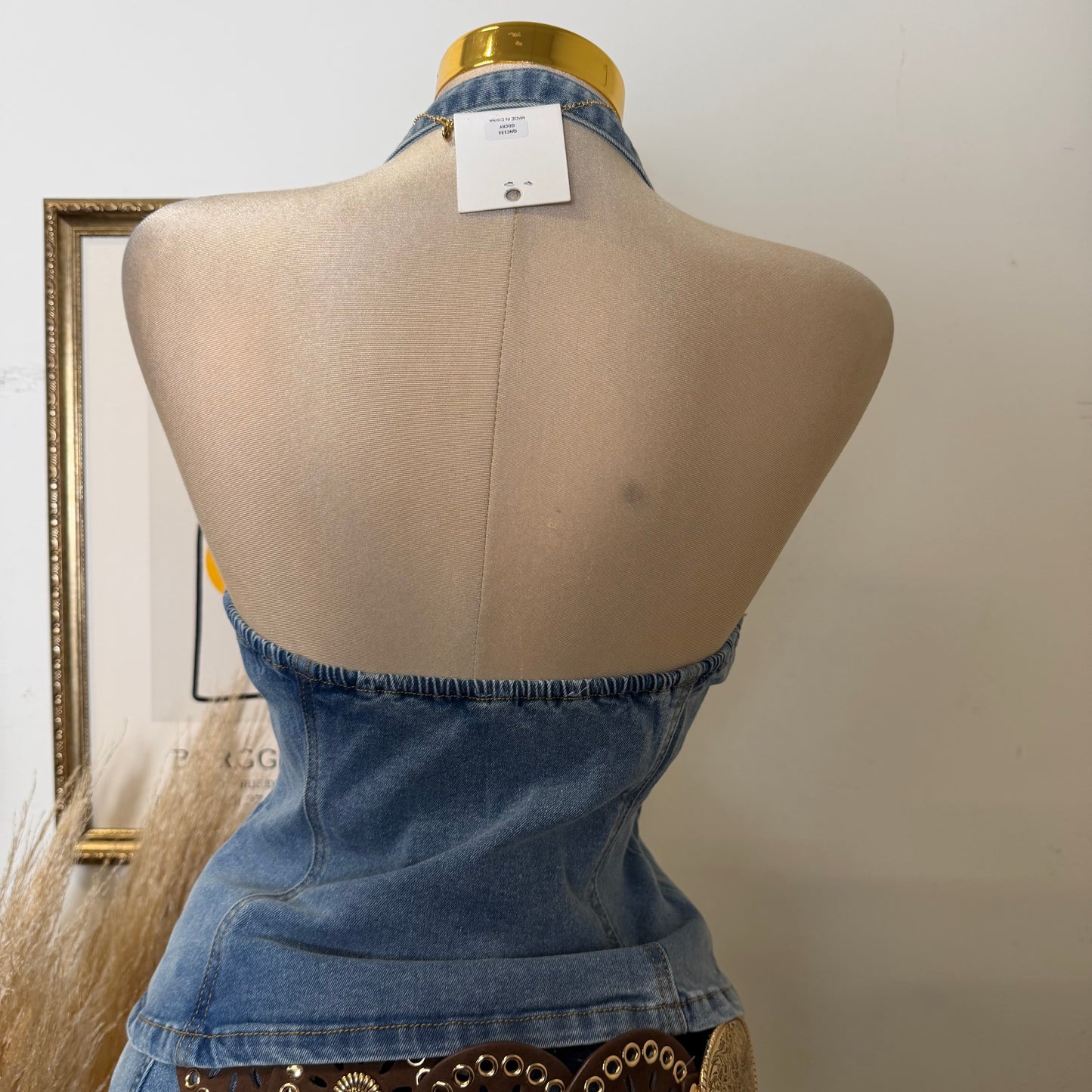 Halter Neck Front Tie Top And Mini Skirt Set-Denim