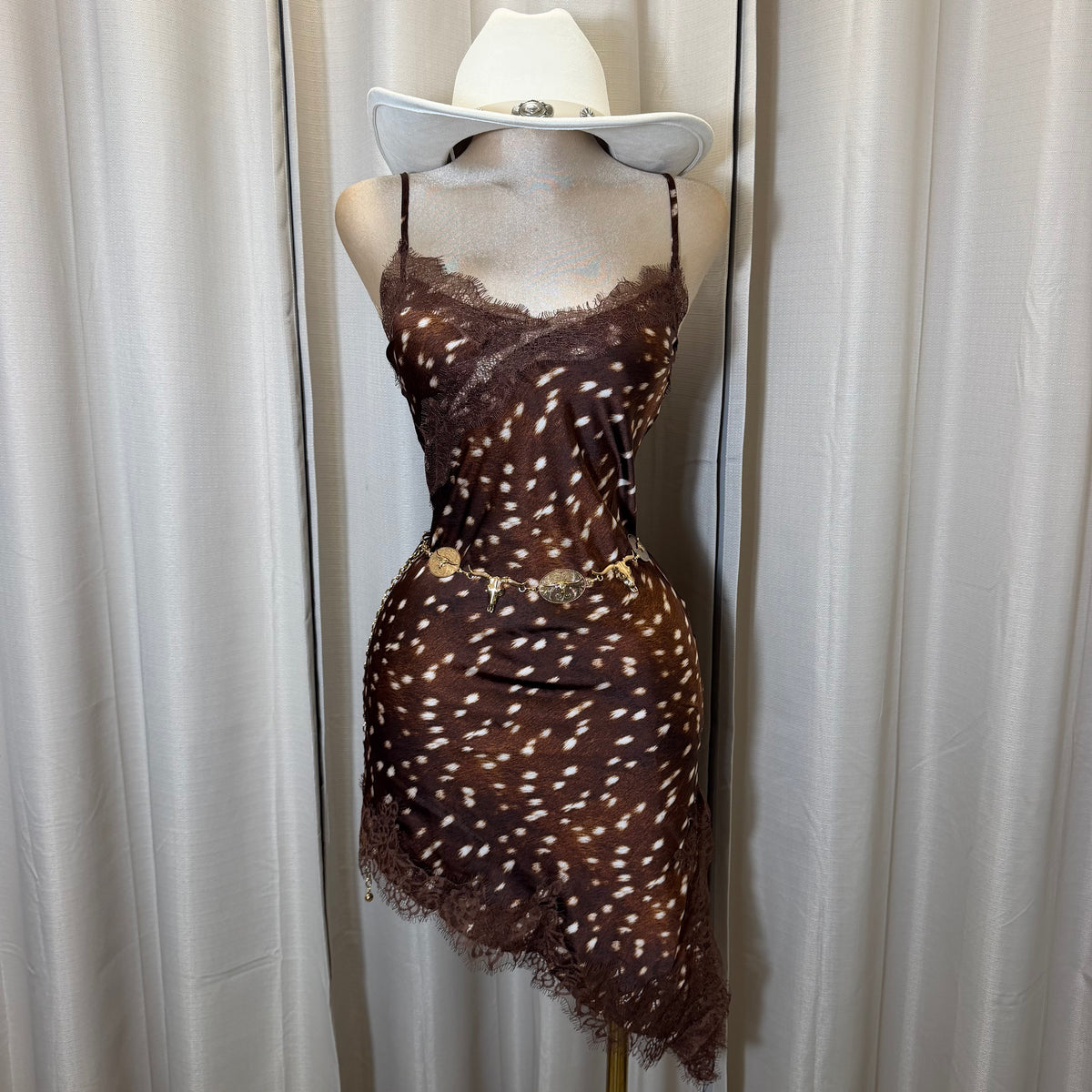 Bambi Print Asymmetrical Satin Lace detail dress-Print/brown