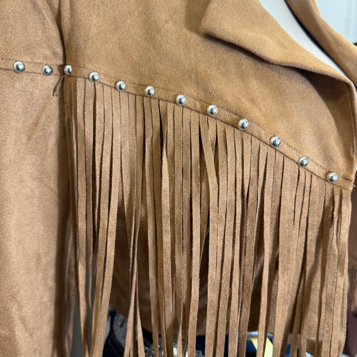 Suede Fringe Stud Jacket-Caramel