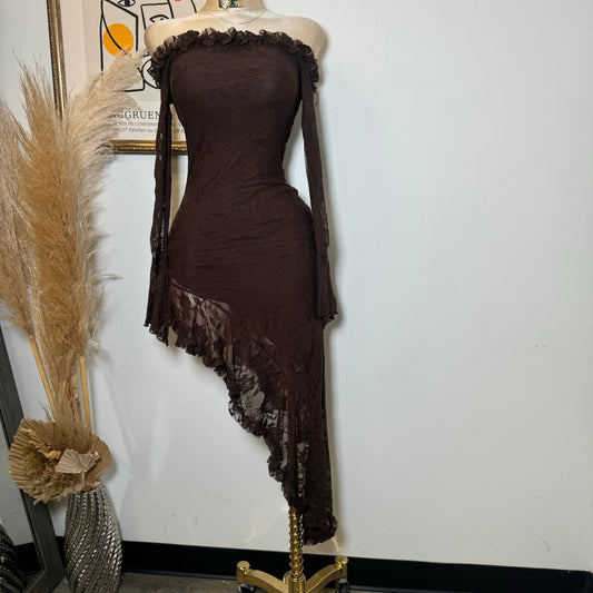 Off Shoulder Lace Dress-Brown