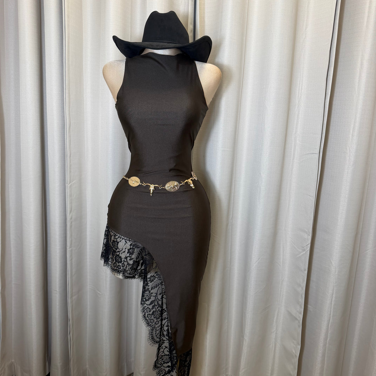 Mock neck Asymmetrical lace Detail Dress-Brown/Black