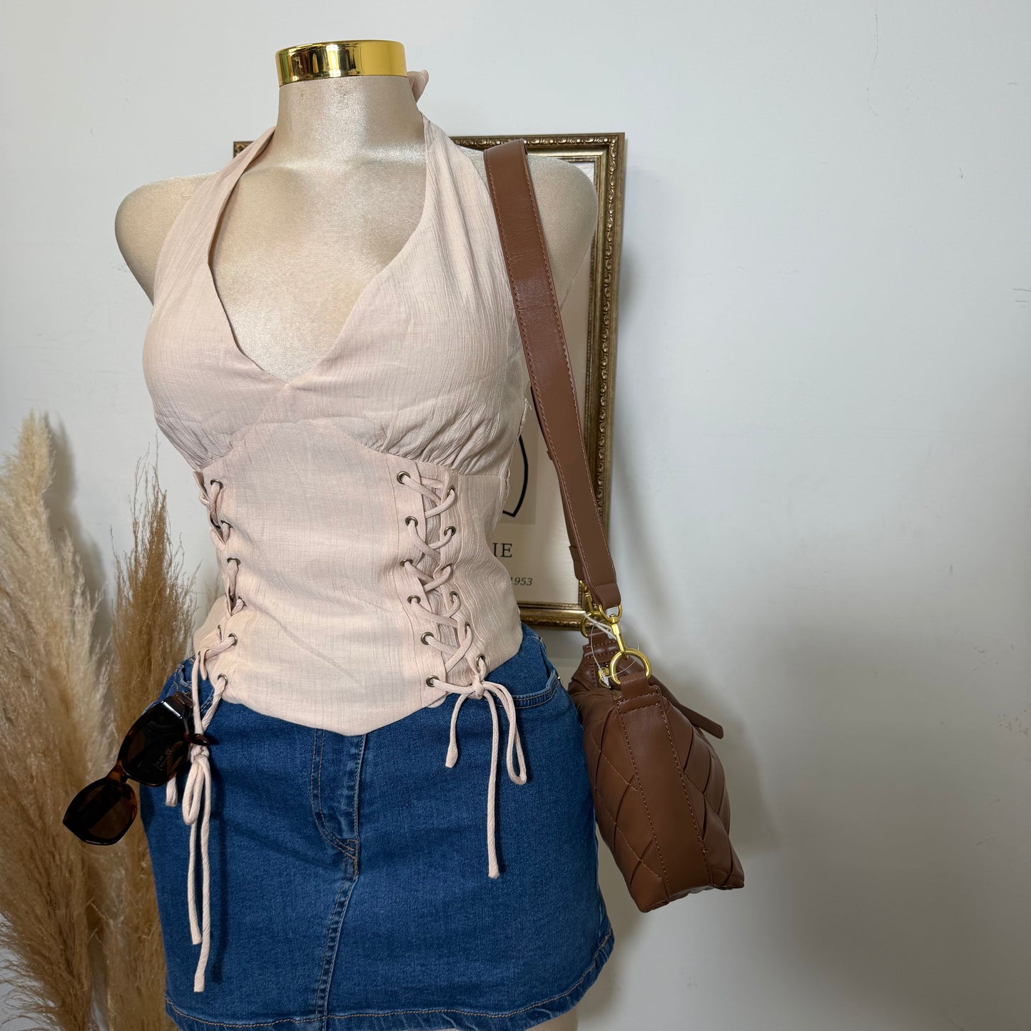 Halter Neck Crop Top-Beige