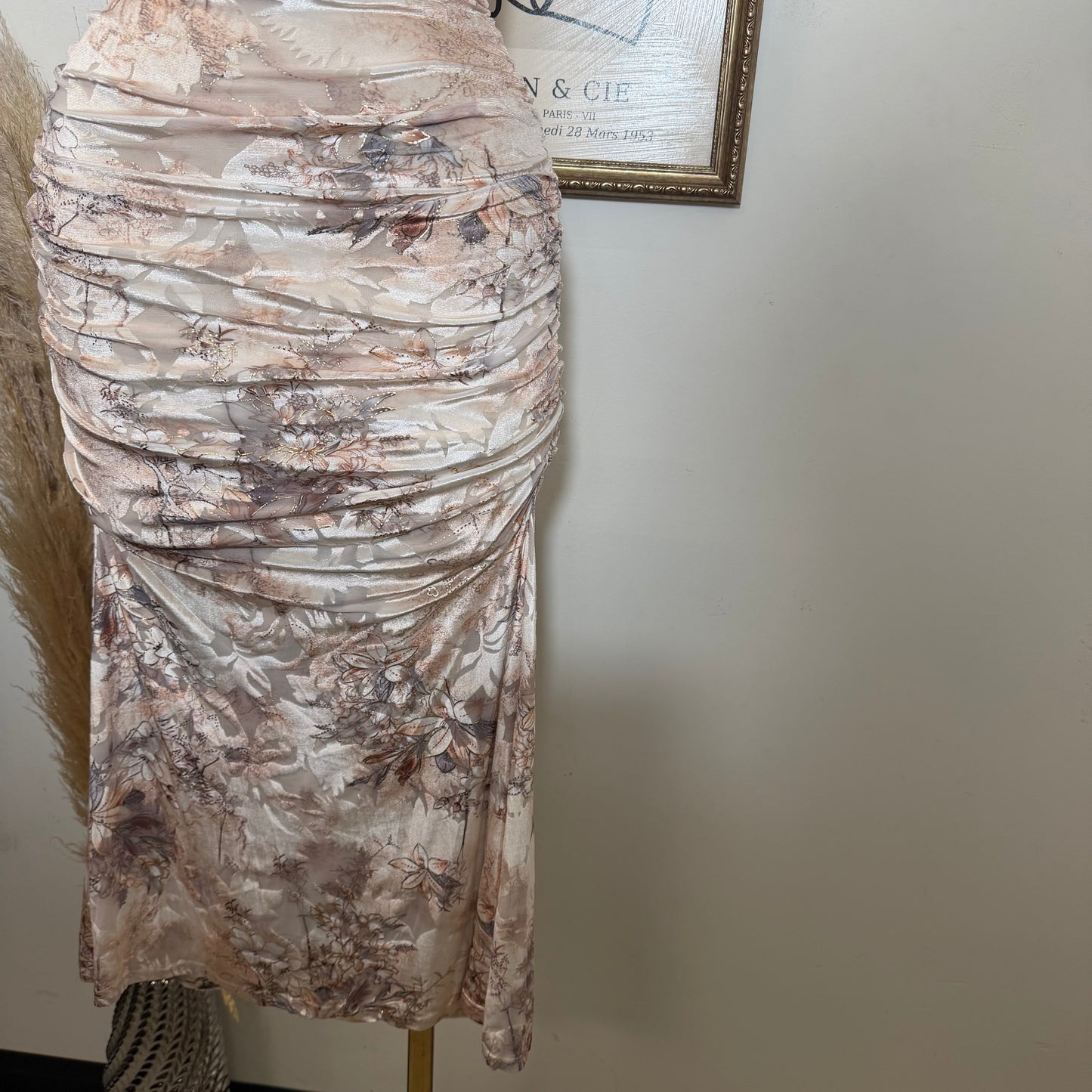 Metallic Printed Mesh halter Ruched Midi Dress-Taupe multi