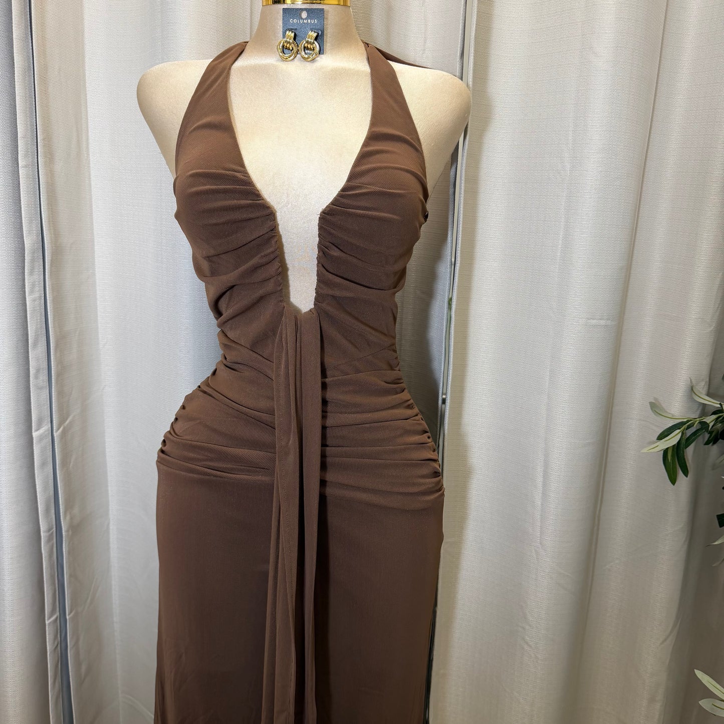 HALTER NECK WIRE WITH SASH JUMPSUIT-Brown