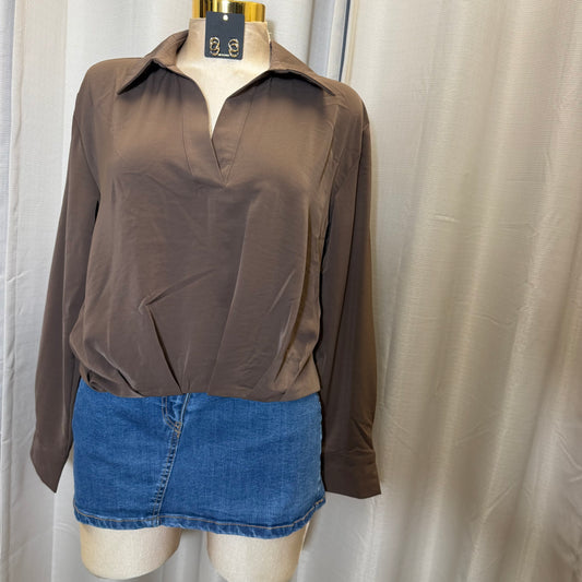 Long sleeve Satin Top-Cocoa