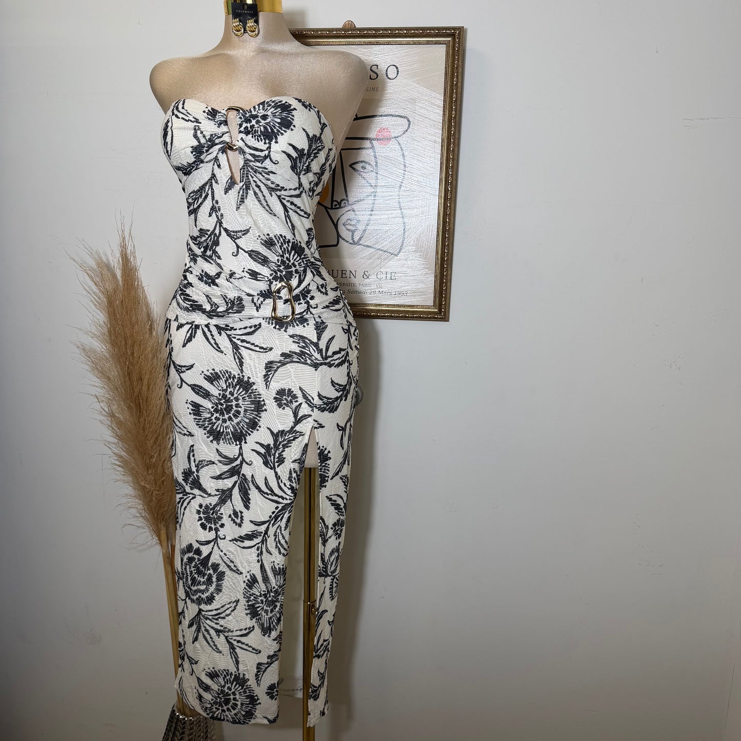 Printed Knit Jacquard w/ Metal Trim Tube Midi Dress-Black/White