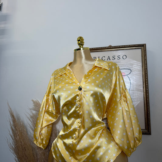 PL-Button Up Bomber Sleeve Blouse-Yellow