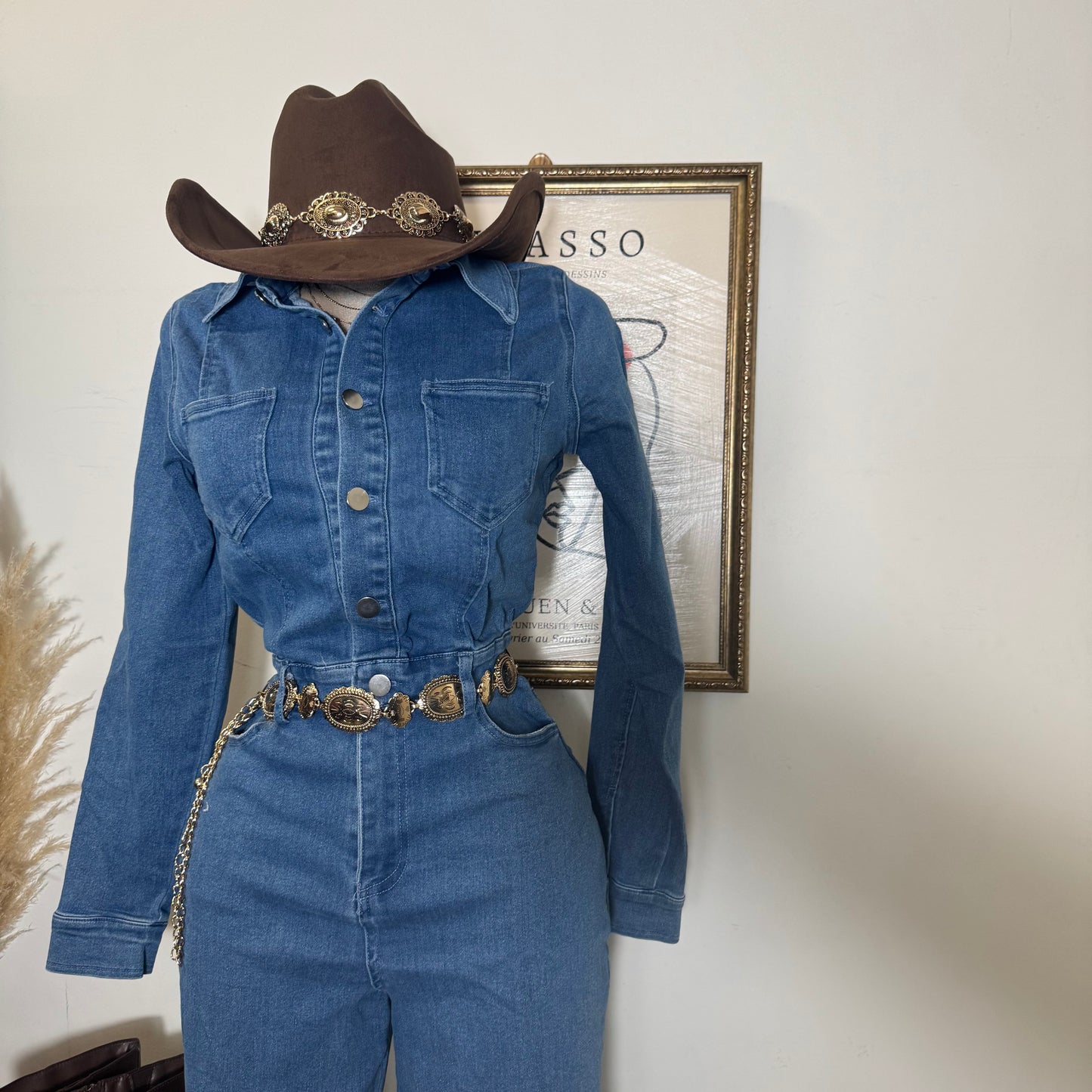 Denim Button Long Sleeve Jumpsuit -Medium Wash