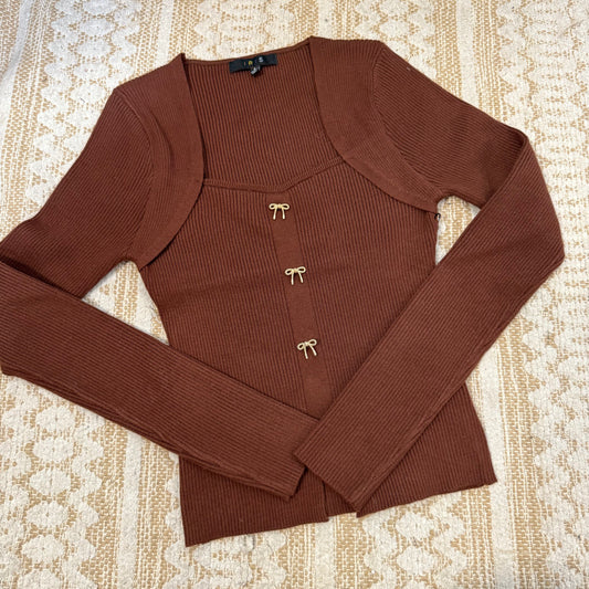 Square Neck Ribbon Trim Sweater Top-Brown
