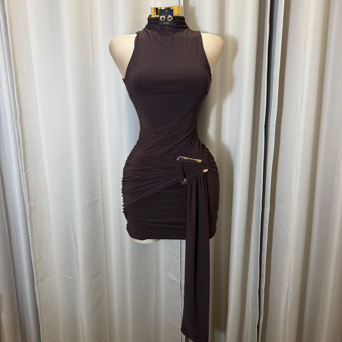 Mock Neck Front Sash With Trim Detail Mini Dress-Brown