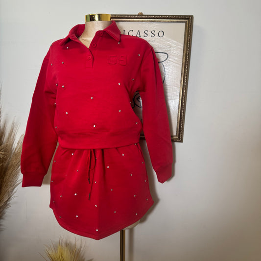 Long Sleeve Embellish scuba Polo Set-Red