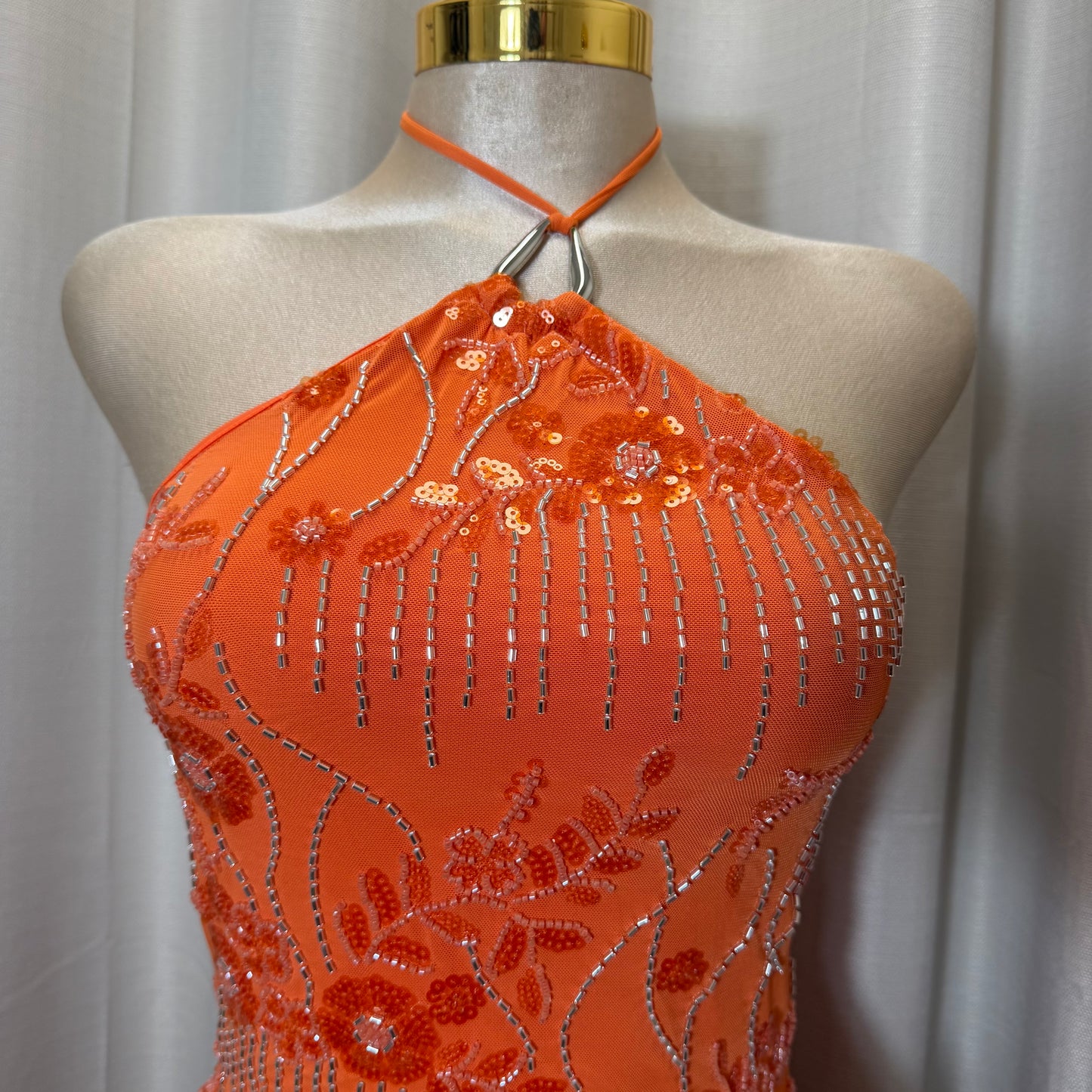Halter Sequin Floral beaded Dress-Orange