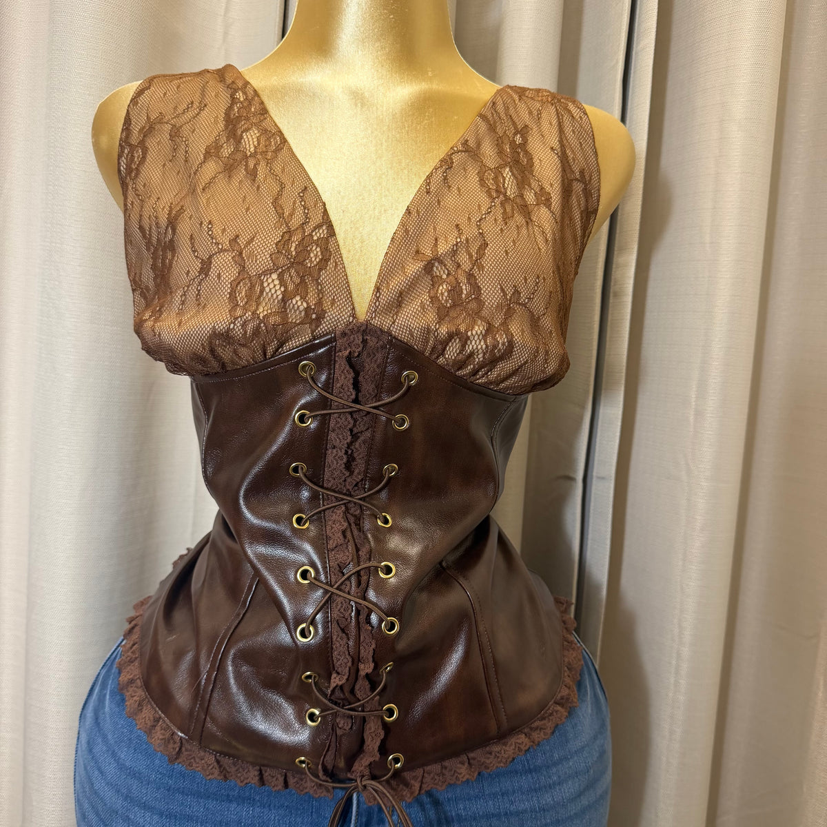 PL-Lace Up Leather Top-Brown