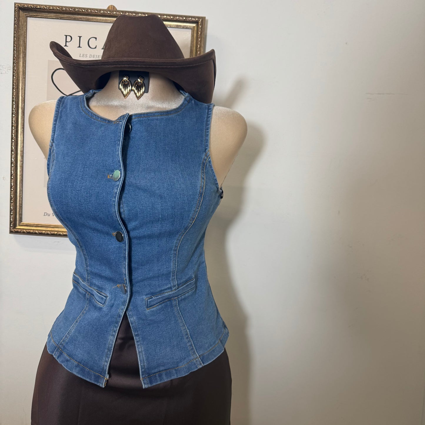 Demin Vest Top Woven-Medium Wash