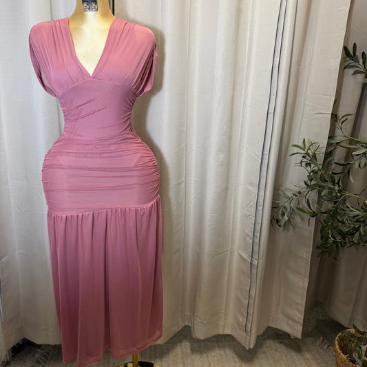 V Neck Mesh Maxi Dress-Pink