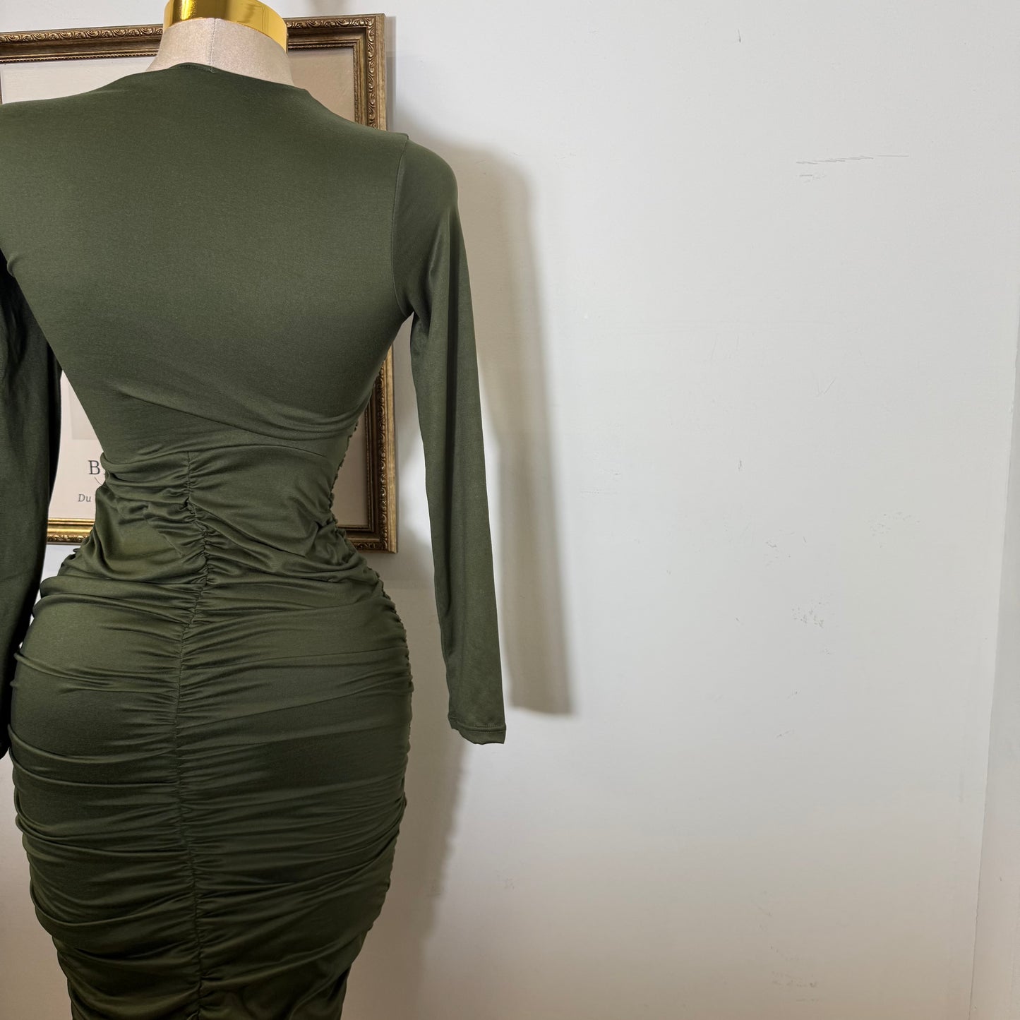 Long Sleeve Double Layered Midi Dress-Olive