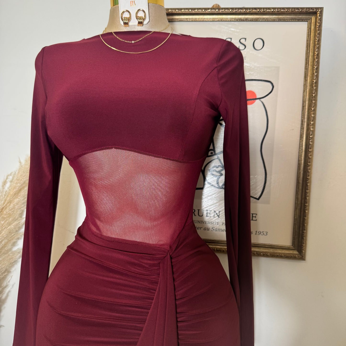 Knit Mesh Mini Dress-Burgundy