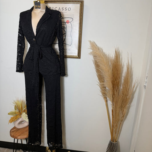 Lace blazer Pant Set -Black