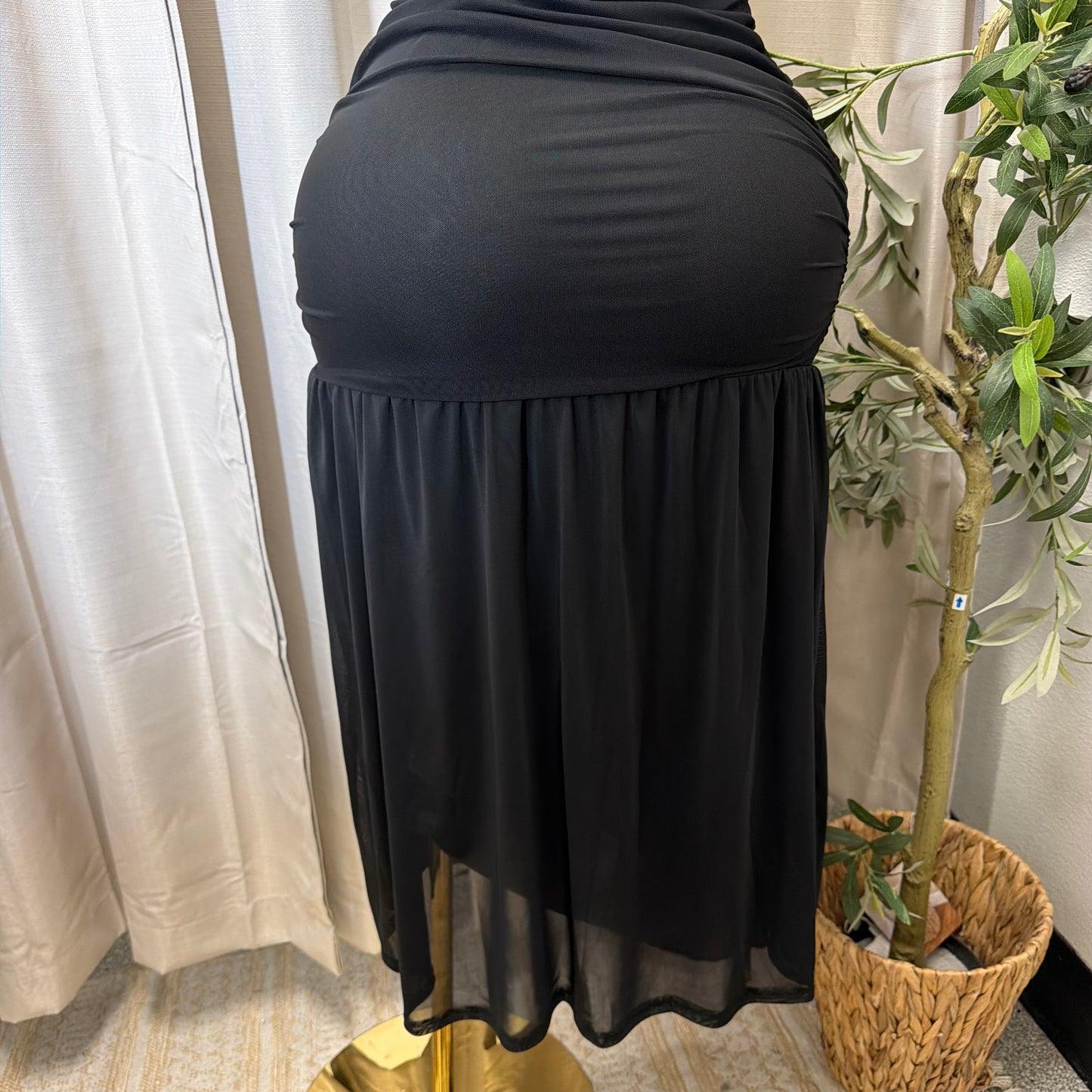 V Neck Mesh Maxi Dress-Black