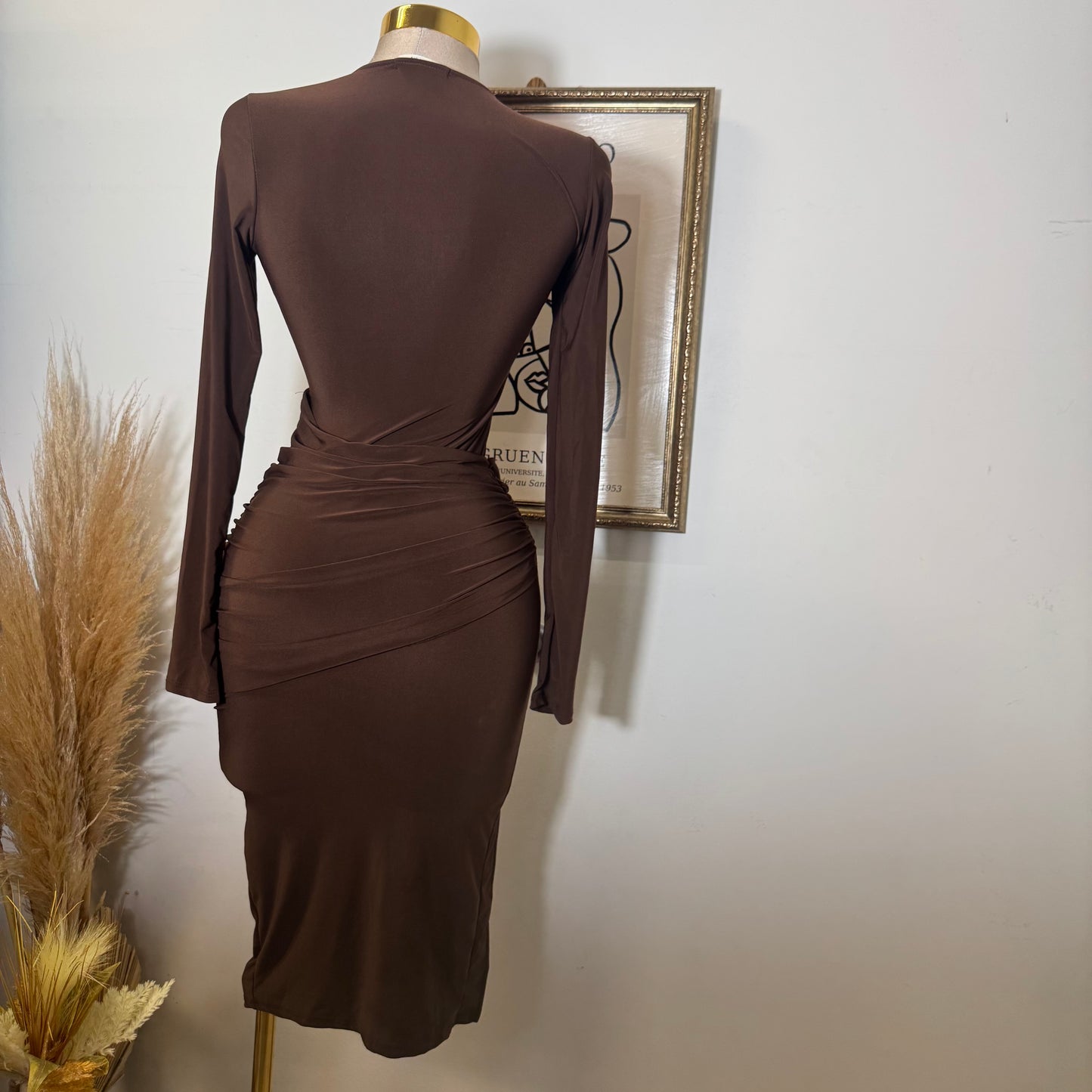 Wrap with Gold Trim Style Midi Dress-Brown