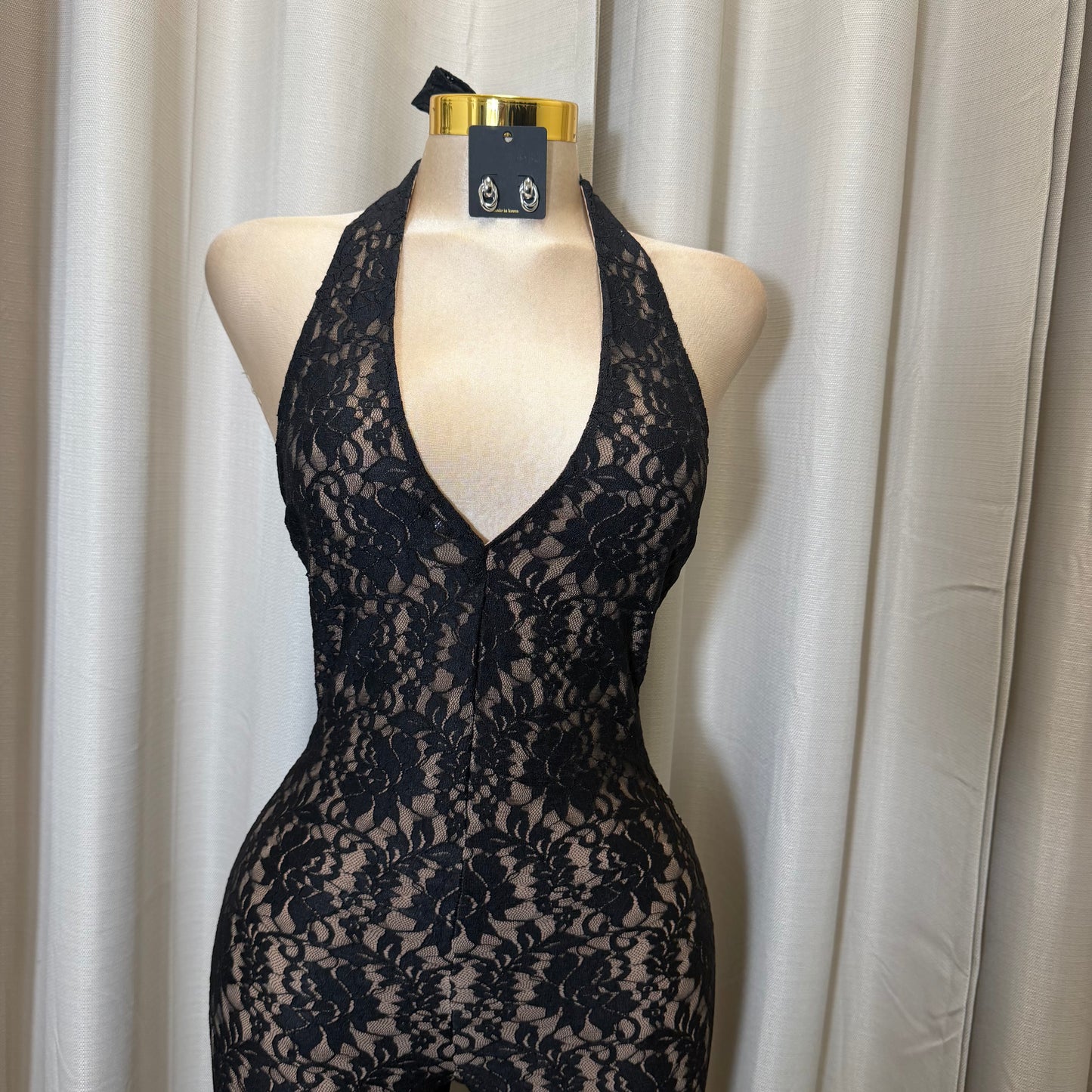 Floral Lace Halter Capri Jumpsuit-Black