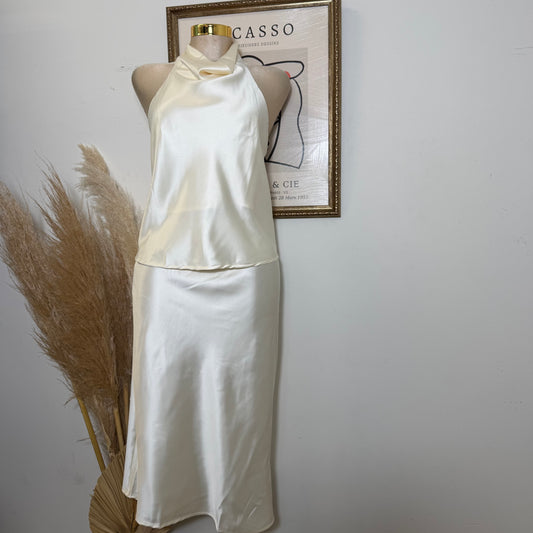 Satin Midi Skirt-Cream