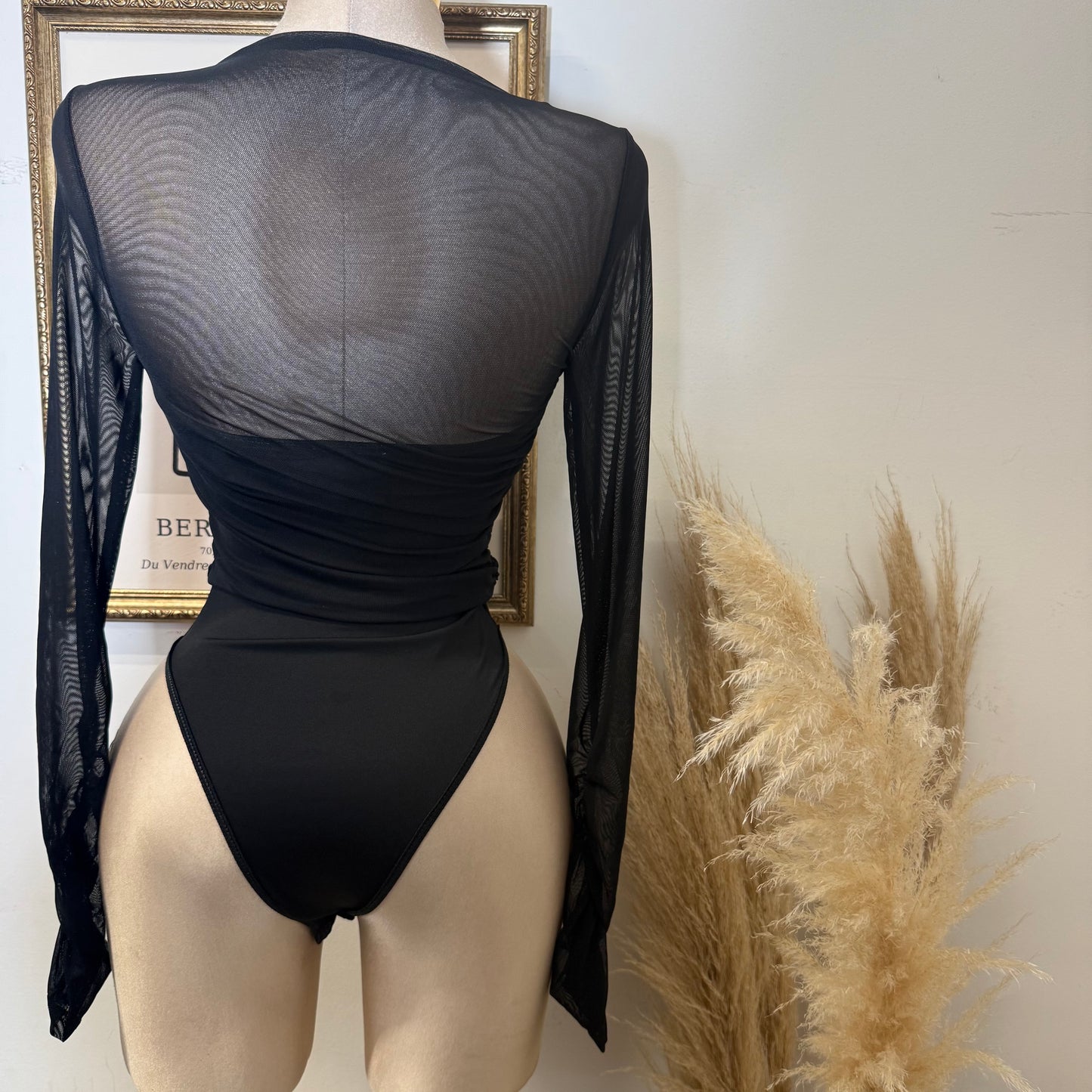 Long Sleeve Mesh Top Bodysuit-Black