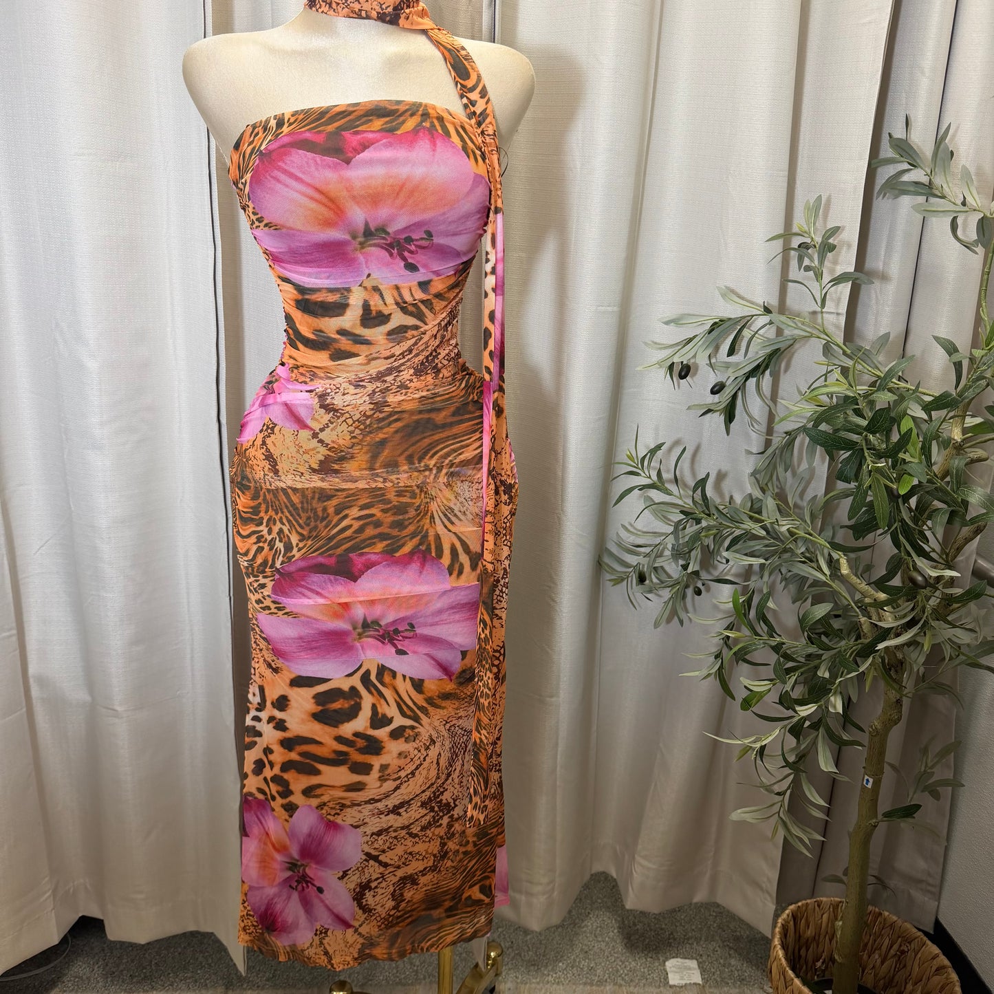 PRINT RUCHED MIDI DRESS-Brown Pink