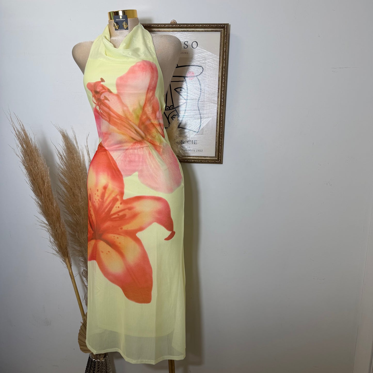 Mesh Tropical Floral Print Halter Neck Button Tie Midi Dress-Yellow